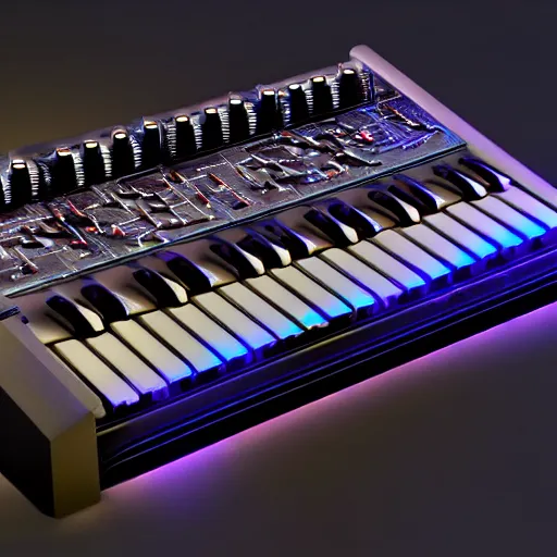 Image similar to futuristic concept art of moog synthesizer in 2 0 3 3, hyper realistic, extreme detail, ray tracing, spot lighting, catalogue entry
