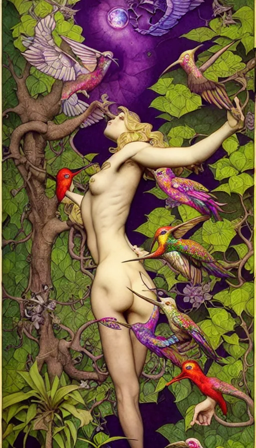 Image similar to M. C. Escher time machine, lush forest painted by tom bagshaw, mobius, mucha M. C. Escher, gold paint, ink, purple hummingbirds, gnarly details