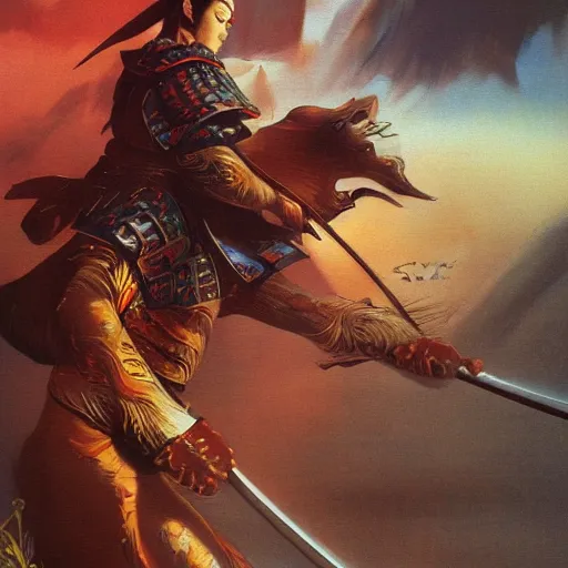 Prompt: samurai swords by boris vallejo, concept art, finely detailed, artstationhd, dreamlike, japanese lotus background art