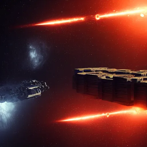 Image similar to spaceship transporting cargo containers, black background, eve online, the expanse, long shot, gritty, industrial