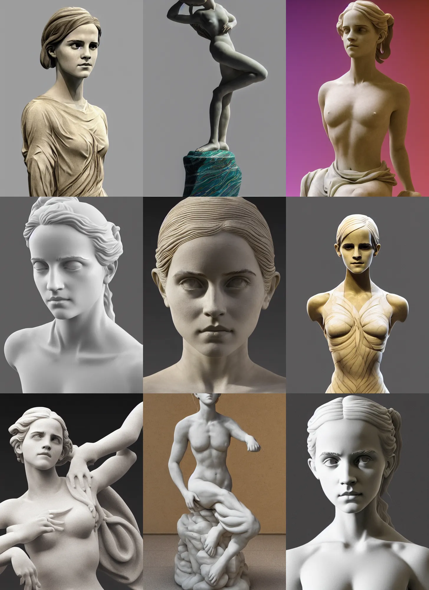 Prompt: 3D print marble sculpture of Emma Watson by Jean-Baptiste Carpeaux and Luo Li Rong and Michael James Talbot, yoga meditation pose, beautiful body, perfect symmetrical face, colorful, full length shot, elegant, academic art, realistic, 8K, female full-skin figure, Hyperrealism, Subsurface scattering, raytracing, soft light, Octane Render, Redshift, Zbrush, renderhub next2020