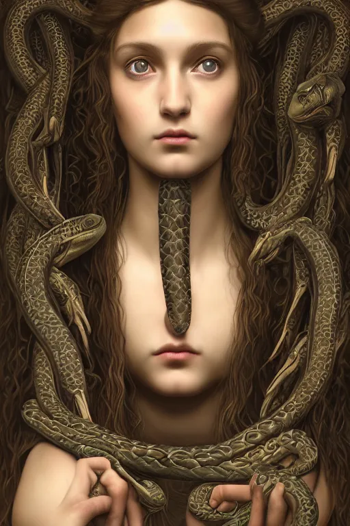 Prompt: Pre-raphaelite Perfectly-centered Hyperdetailed Hyper realistic symmetrical cinematic RPG digital art portrait-illustration of beautiful teenager Medusa in a highschool locker room, snakes for hair, style of epic sci-fi comic-book cover, 3D rim light, octane, cgsociety, smooth, sharp focus