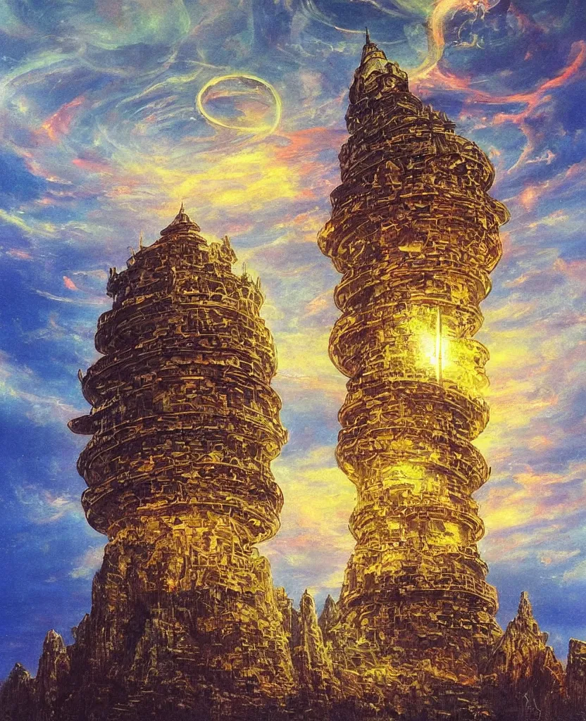 Prompt: “ a detailed painting in the style of noriyoshi ohrai of an ancient holy tower, it is a glowing fortress and has iridescent mana radiating from it into the aether. it is centered. the background is the sky at night. retrofuturistic fantasy ”