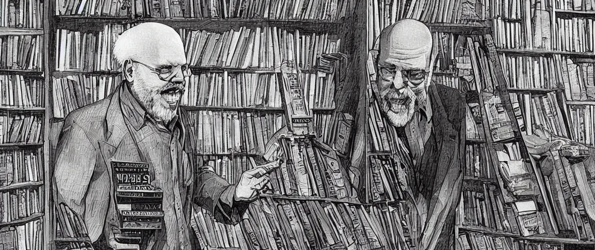 Prompt: an awesome jean giraud digital art piece of robert anton wilson telling jokes at a local bookstore in the spiritual section