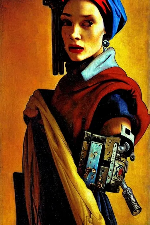 Prompt: full character portrait max mad cyberpunk warhammer 4 0 k, medic sapper not the girl with the pearl earring character design, painting by vermeer, frank frazetta, mucha klimt