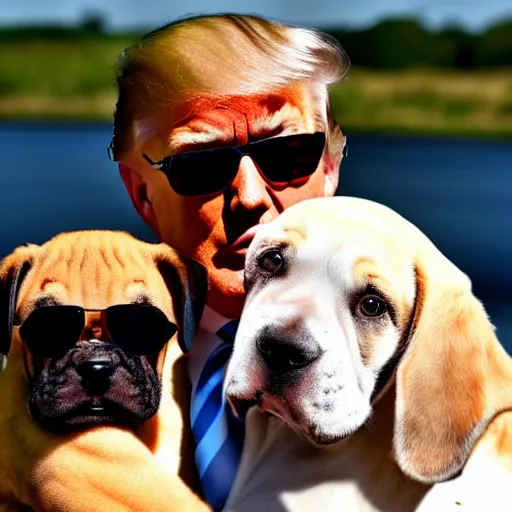 Prompt: 50mm photo, Donald Trump wearing sun glasses, holding a boxer puppy