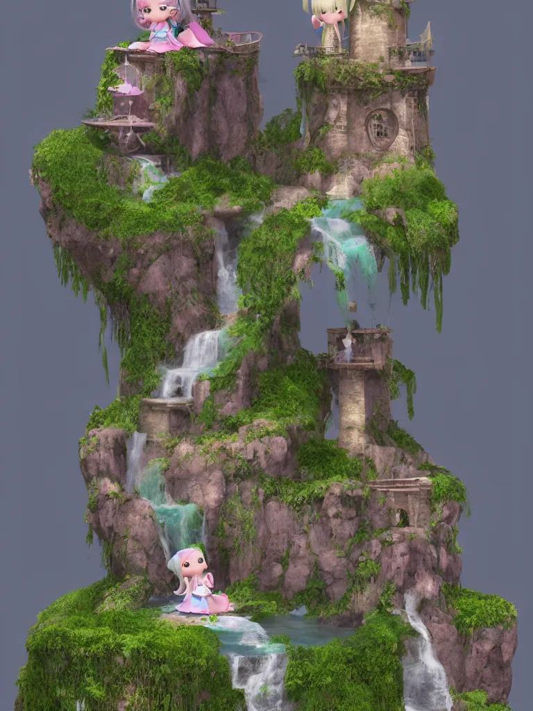 Image similar to cute fumo plush of a princess girl in a tower on a tiny island with a long flowing waterfall, floating island, vignette, vray