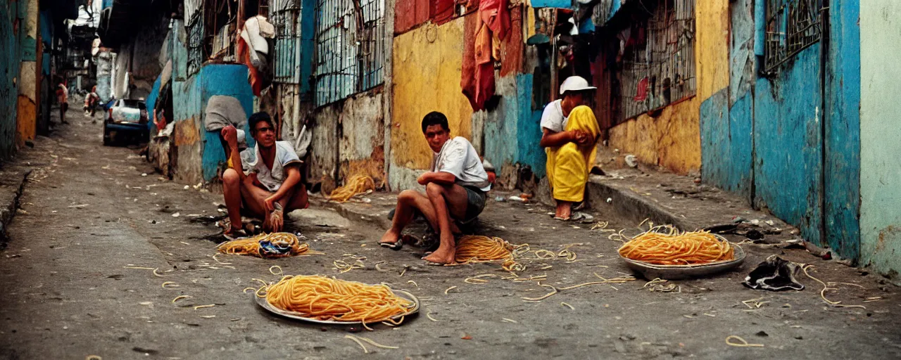 Prompt: spaghetti on the streets of a favela, sao paolo, nikon 2 8 mm, f 1. 8, kodachrome, retro, in the style of wes anderson