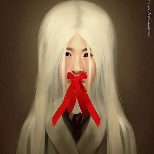 Prompt: Portrait of a japanese young lady with a long white!!!!!!! long white hair (and a red ribbon), Rim Lighting, Lantern, by Sergey Kolesov