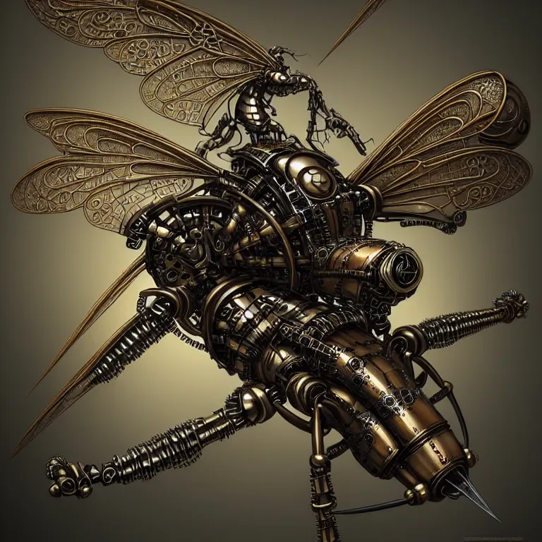 Prompt: steampunk cybernetic biomechanical wasp with wings, 3 d model, very coherent symmetrical artwork, unreal engine realistic render, 8 k, micro detail, intricate, elegant, highly detailed, centered, digital painting, artstation, smooth, sharp focus, illustration, artgerm, tomasz alen kopera, wlop
