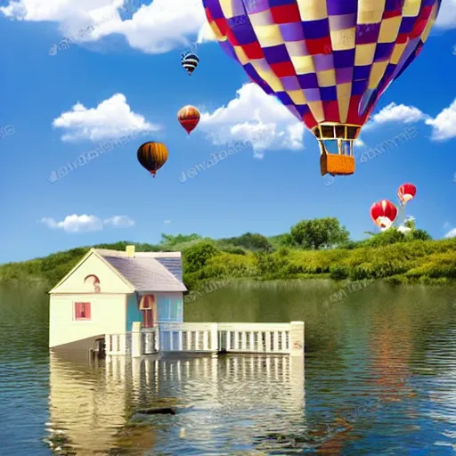 Image similar to house floating in the sky with hot air balloon