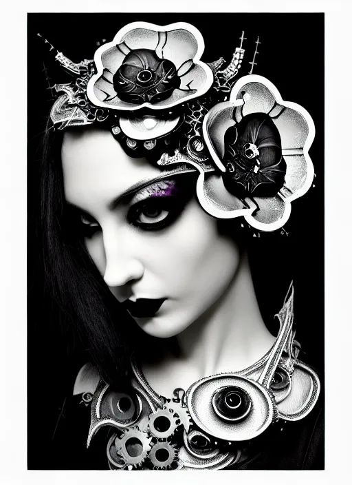 Image similar to black and white gothic masterpiece profile portrait, one steampunk eye silver hexagonal meshes floral biomechanical beautiful young female cyborg - vampire, big monocular, volumetric light, hibiscus flowers, by hg giger, rim light, big gothic fashion pearl embroidered collar, 8 k