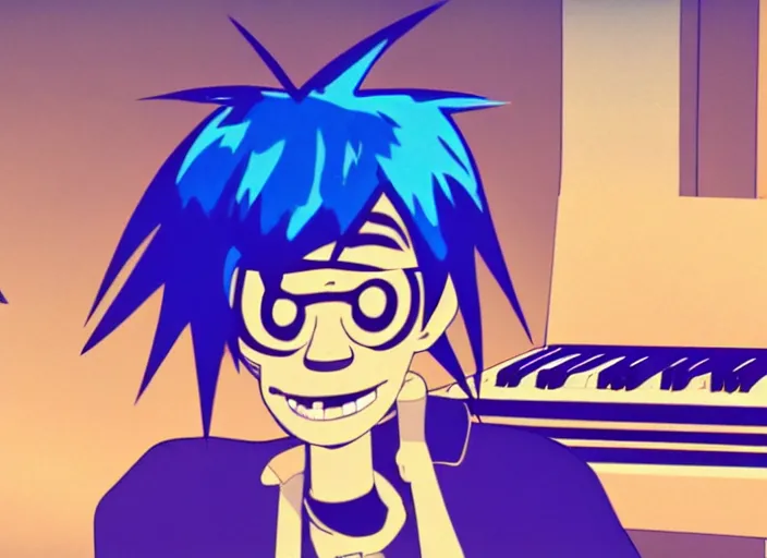 Image similar to 2 d from gorillaz playing a keyboard, blue hair, gorillaz style, jamie hewlett, animated music video screenshot