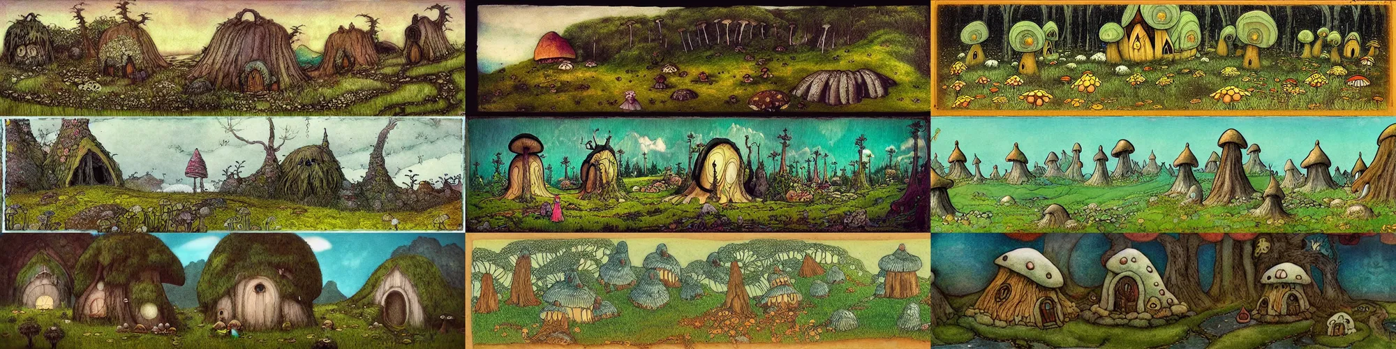 Prompt: “wide shot, a fairytale landscape with troll creatures and mushroom houses, in the style of John Bauer and wimmelbilder”