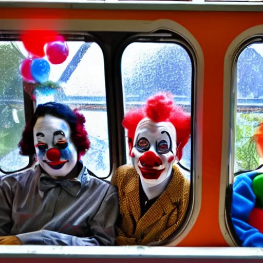 Prompt: a train full of clowns in the windows