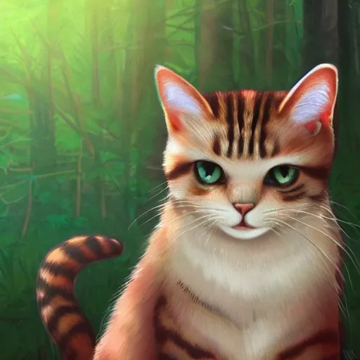 Prompt: portrait of a cat in a forest, by kawacy, trending on artstation, backlighting, sunlight, trending on pixiv, bokeh, furry art