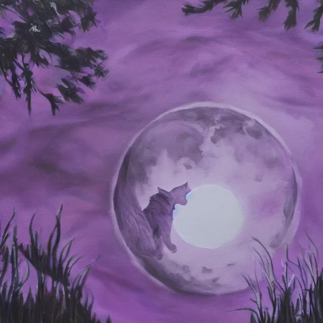 Image similar to closeup of a purple panther roaring at the moon in the forest. night. large moon in the center. cinematic. oil painting. concept art