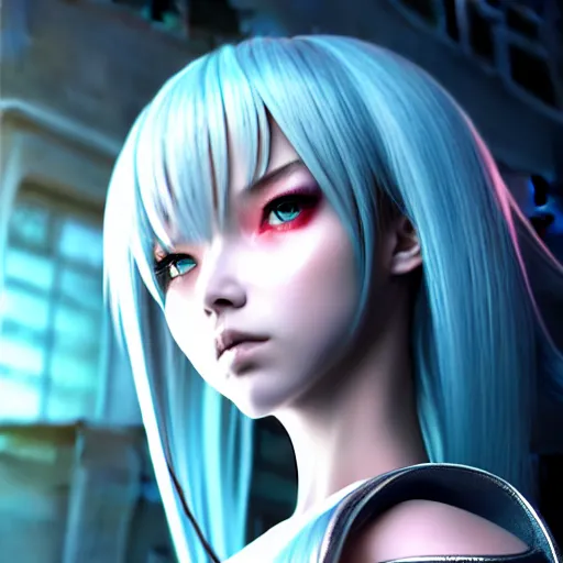 Prompt: An hyperrealistic portrait painting of a cyber warrrior girl, blue and ice silver color armor, ultradetailed face expression by WLOP and Nixeu, cyberpunk color feel raining at tokyo midnight rooftop, unreal 5, DAZ, 8k, hyperrealistic, octane render, cosplay, RPG portrait, final fantasy artwork concept, dramatic lighting, rim lights, PS5 render quality