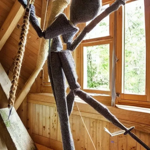 Prompt: a beautiful marionette inside a treehouse, realistic, interior design,