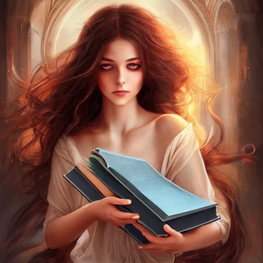 Image similar to a girl with magic book coming out from her arms, under the skin, ultradetailed, hair flowing down, 8 k, hyperrealistic, hyperdetailed, fantasy portrait by laura sava