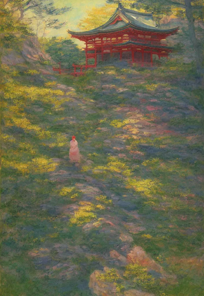 Image similar to tiny character in front of a huge japanese temple in the mountain. gorgeous epic nature, lofi, vivid colors, amazing light, by jeremy lipkin, by claude monet, heavily inspired by makoto shinkai, kandinsky touches, masterpiece, multiple brush strokes, impressionist style