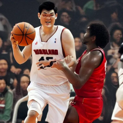 Image similar to yaoming is taking up earth as a basketball