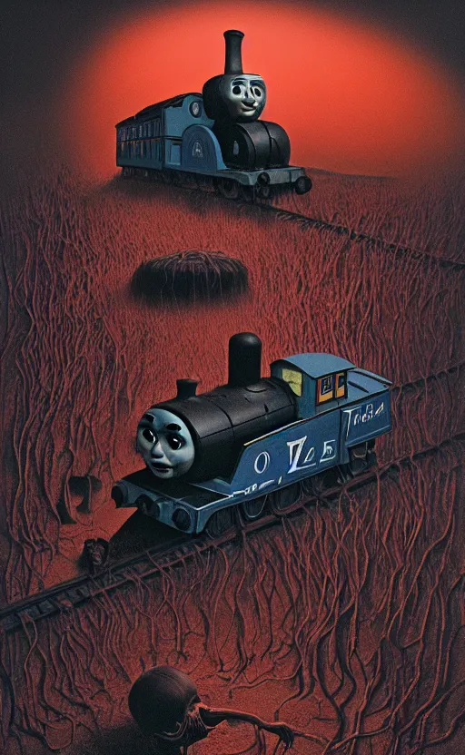 Image similar to thomas the tank engine in style of zdzisław beksinski, extremely dramatic lighting, 8 k, tendrils, black, darkness, black slime tendrils, infected, rust, body horror, thomas the train, thomas the tank engine face, horror,