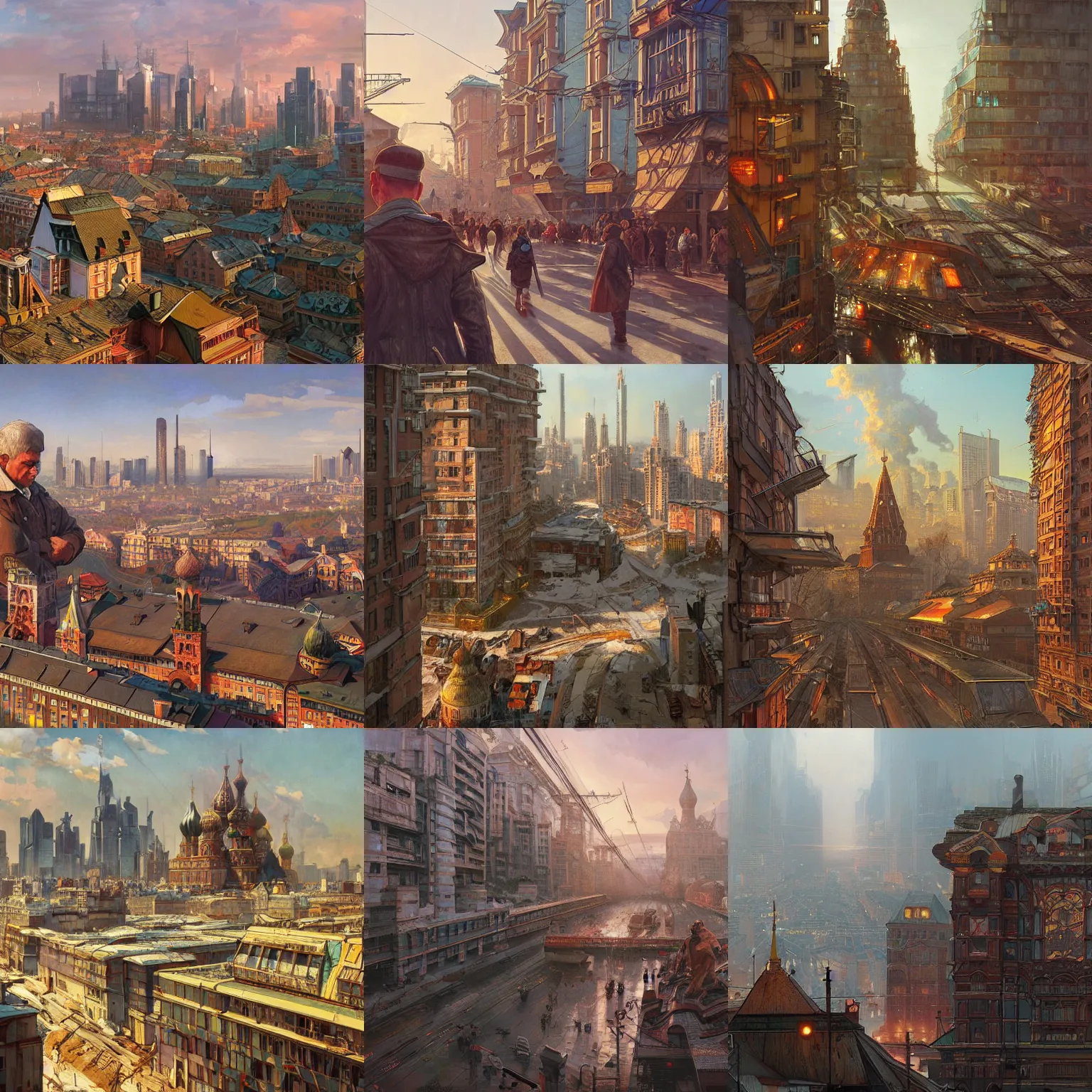 Prompt: russian city, bright future, social realism, view from the eyes, soviet cyberpunk, wooden architecture, lots of people, holiday, highly detailed, digital painting, artstation, concept art, matte, sharp focus, illustration, art by artgerm and greg rutkowski and alphonse mucha