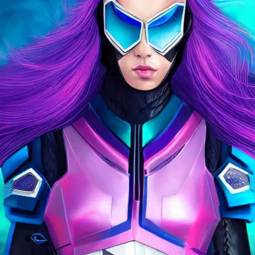 Image similar to a stunning upper body portrait of a beautiful young woman wearing futuristic navy blue and teal battle bodyarmor and pauldrons and ombre purple and pink hairstyle with hair blowing in the wind, by marvel comics, outrun, vaporware, highly detailed, fine detail, intricate, digital art, trending on artstation