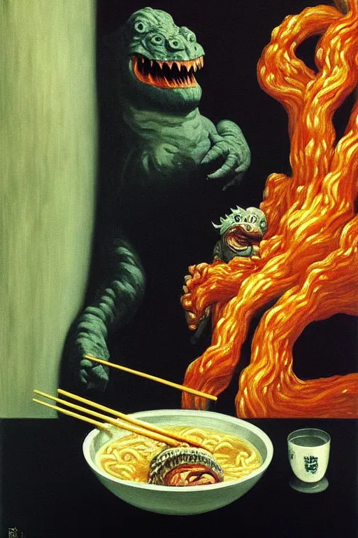 Prompt: evil human giant baby godzilla eating a huge bowl of ramen in new york city, hauntingly surreal, highly detailed painting by francis bacon, edward hopper, adrian ghenie, gerhard richter, and james jean soft light 4 k,