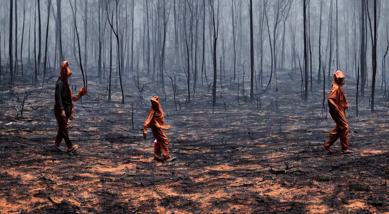 Prompt: a guy in hazman suit walking in a burnt forrest, atmospheric, cinematic lighting