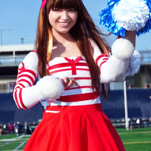 Prompt: a demon horned smiling anime girl wearing cheerleader dress holding cheerleader pompom on both hands