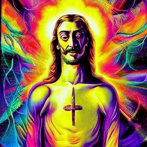 Prompt: psychedelic ; trippy ; acid trip ; artgerm ; salvadore dali ; surreal ; abstract ; lsd ; jesus christ breaking bread