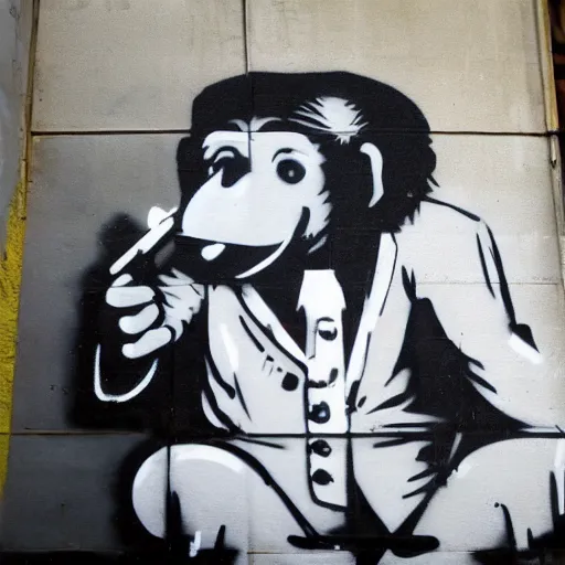 Prompt: Graffiti by Banksy of an ape in a suit drinking champagne