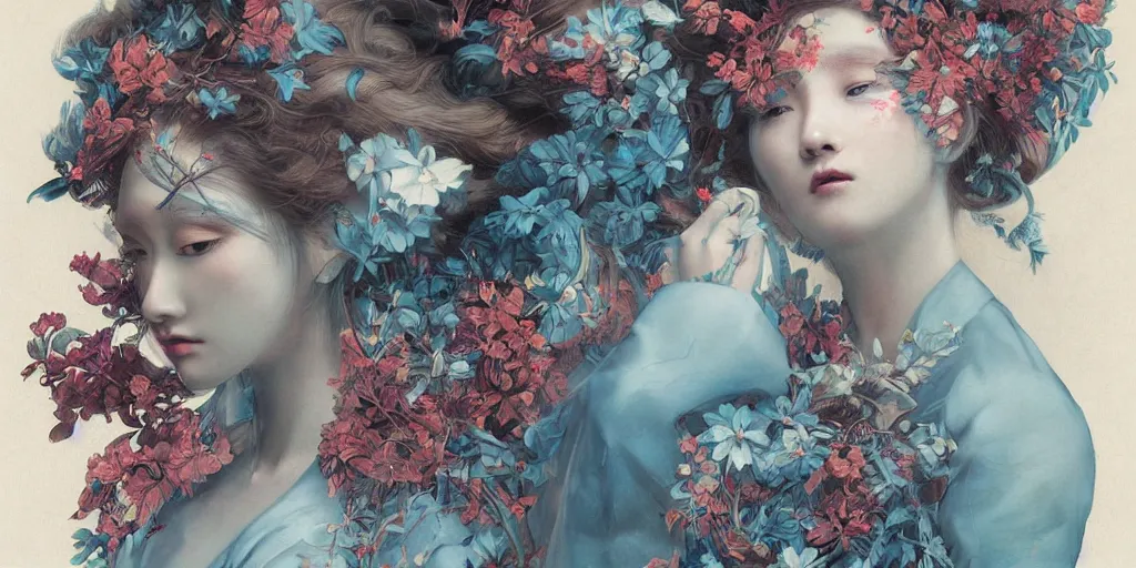 Image similar to breathtaking detailed concept art painting blend of two redhair goddess of light blue flowers by hsiao - ron cheng with anxious piercing eyes, vintage illustration pattern with bizarre compositions blend of flowers and fruits and birds by beto val and john james audubon, exquisite detail, extremely moody lighting, 8 k