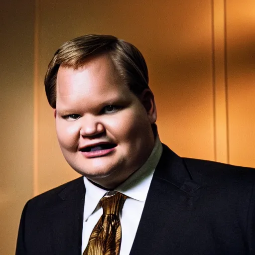 Image similar to Andy Richter is wearing a chocolate brown suit and yellow shirt and necktie. Andy is standing in front of a mirror.