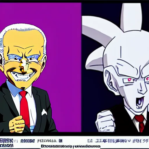 Image similar to : president biden and freeza, anime cartoon style, crunchy roll, dragonball z