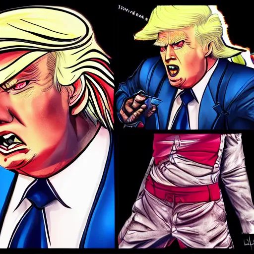 Prompt: Fusion of Donald Trump and Dante from the game Devil May Cry in the style of Araki Hirohiko, concept art