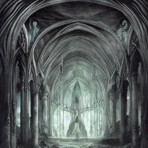 Prompt: an underwater gothic cathedral at the bottom of the ocean populated by mermaids, in the style of arnold bocklin francisco goya william blake and kentaro miura, dark and scary abyssal ambient, utradetailed, matte painting, smooth zenithal lighting, epic masterpiece,