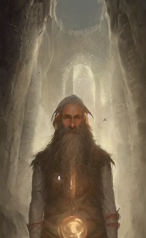 Image similar to Portrait of an elf in his 50s with a long beard and monacle, male, detailed face, fantasy, highly detailed, cinematic lighting, digital art painting by greg rutkowski