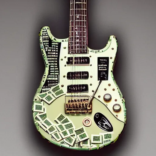 Prompt: an electric guitar made entirely out of money