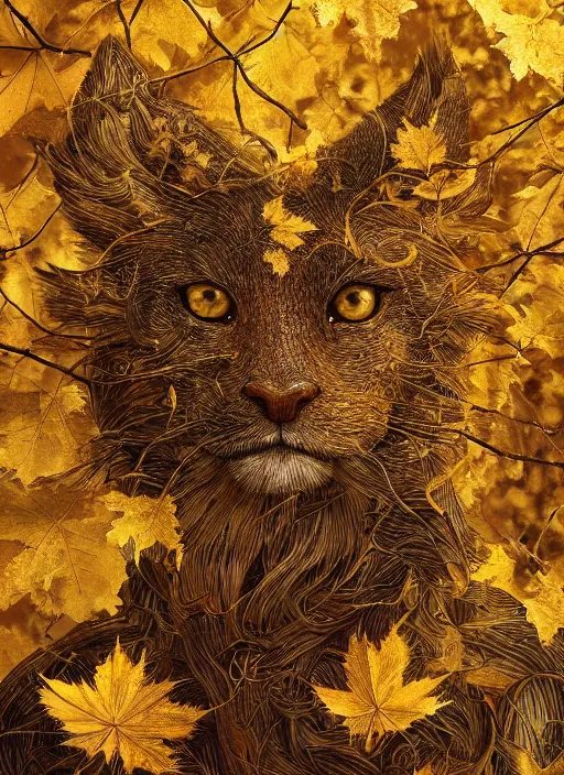 Image similar to golden leaves at frame border, creative!!! composition for a book cover, absurdly beautiful, ultrafine hyperrealistic detailed animal face by wlop and artgerm and greg rutkowski, intricate linework, sharp focus, smooth, octopath traveler, final fantasy, unreal engine, dramatic lighting, ethereal, 8 k