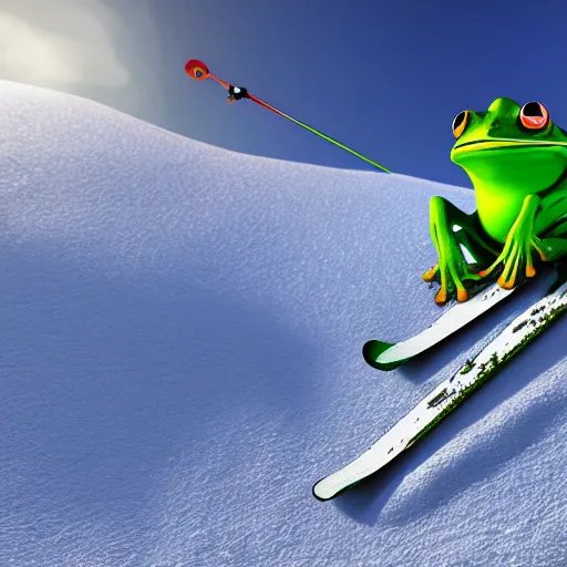 Image similar to 3 d octane frog character skiing down a mountain