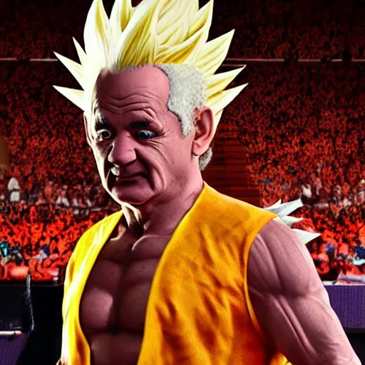 Image similar to Photo realistic live action Super Saiyan Frank Zappa vs Majin Bill Murray WWE takedown ray traced 8K anti-aliased highly detailed cinematic render award winning photography