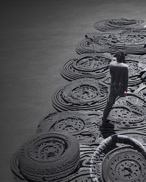 Image similar to a person made out of tires, cinematic, 8k, high detail, beeple