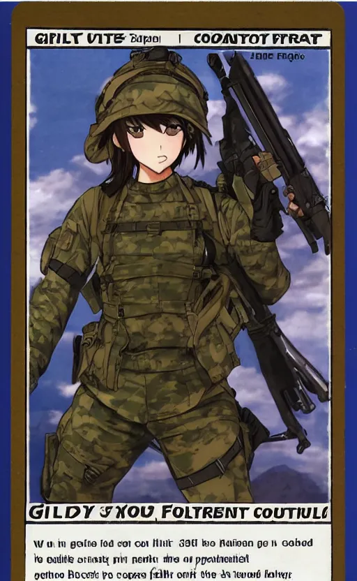 Prompt: girl, trading card front, soldier clothing, combat gear, realistic face, illustration, by ufotable studio, green screen