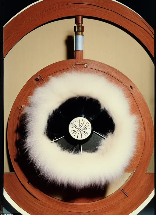 Image similar to realistic photo of a a medieval ritual chemistry appliance model fan, made of wood white clay and fur with black wires 1 9 9 0, life magazine reportage photo, natural colors, metropolitan museum collection