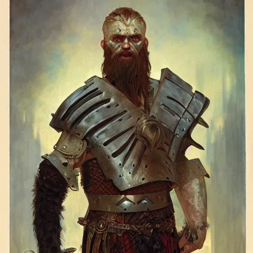 Image similar to rough-skinned, short-bearded undead Viking warrior with ice-pale skin wearing brutalist plate armor with art deco knotwork, by Greg Rutkowski, Brom, and Alphonse Mucha