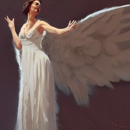 Image similar to Painting by Greg Rutkowski, an opera singer in a white dress with wings on stage