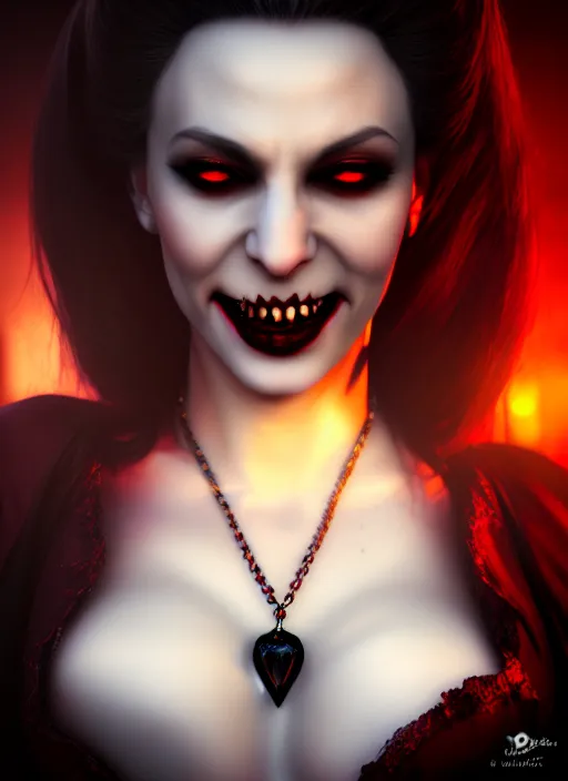 Prompt: realistic matte painting, full length portrait, the vampire duchess of blood owns las vegas at night, fangs, pale, highly detailed, CGsociety, concept art, HDR, hyper realistic, volumetric lighting, subsurface scattering, unreal,